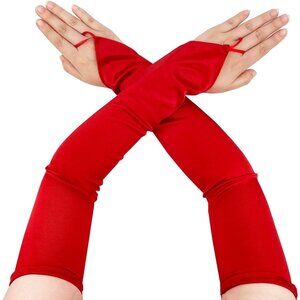 Women's Fingerless Red Long Satin Fabric Gloves Stretchy Elbow Length Gloves